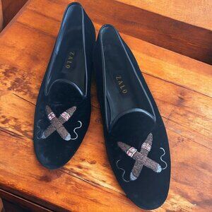 ZALO Men's Cigar Embroidered Black Velvet Smoking Loafers Size 12